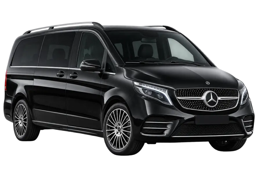 Black Mercedes-Benz V-Class viewed from the front three-quarter angle