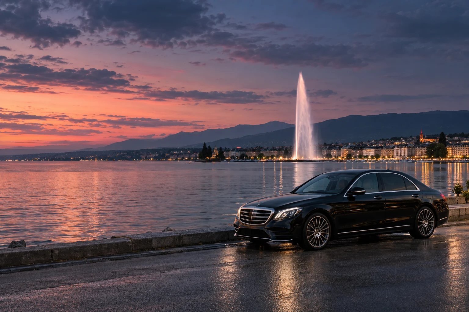 Mercedes S-Class beside Lake Geneva, with Geneva’s Jet d’Eau