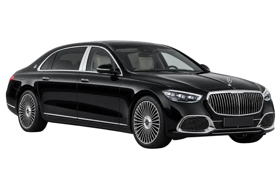 Black Mercedes-Maybach S-Class viewed from the front three-quarter angle